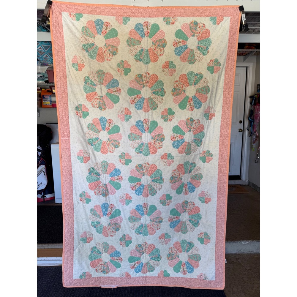 Vintage 1989 Handmade Dresden Plate Floral Quilt Peach Calico 77x48 Cottagecore